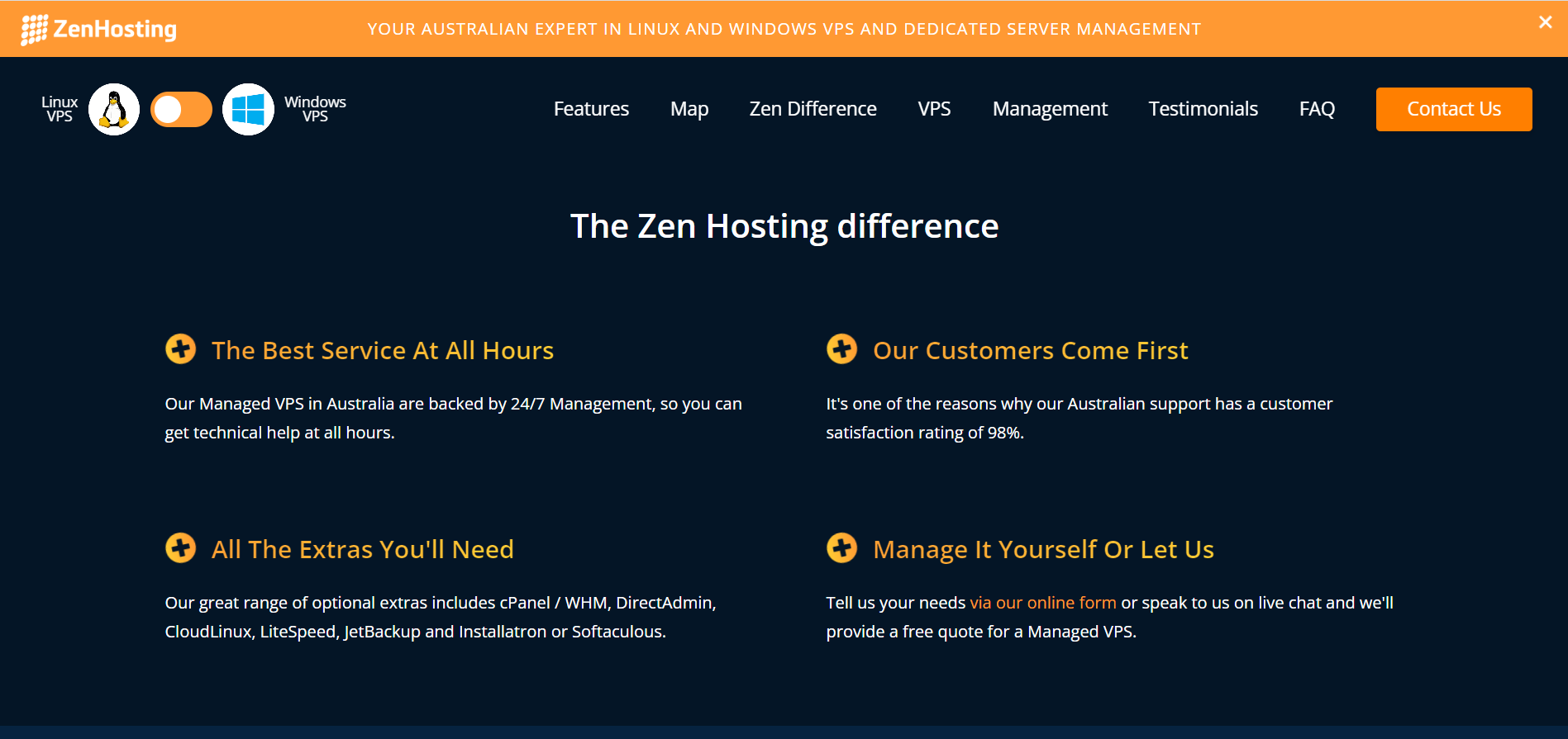 Listed VPS hosting features of Zen Hosting