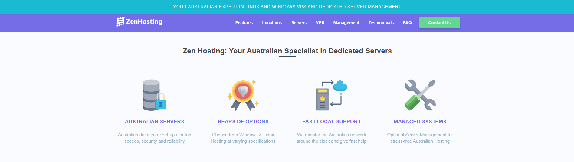 A screenshot of Zen Hosting's website listing the benefits of Sydney dedicated servers.